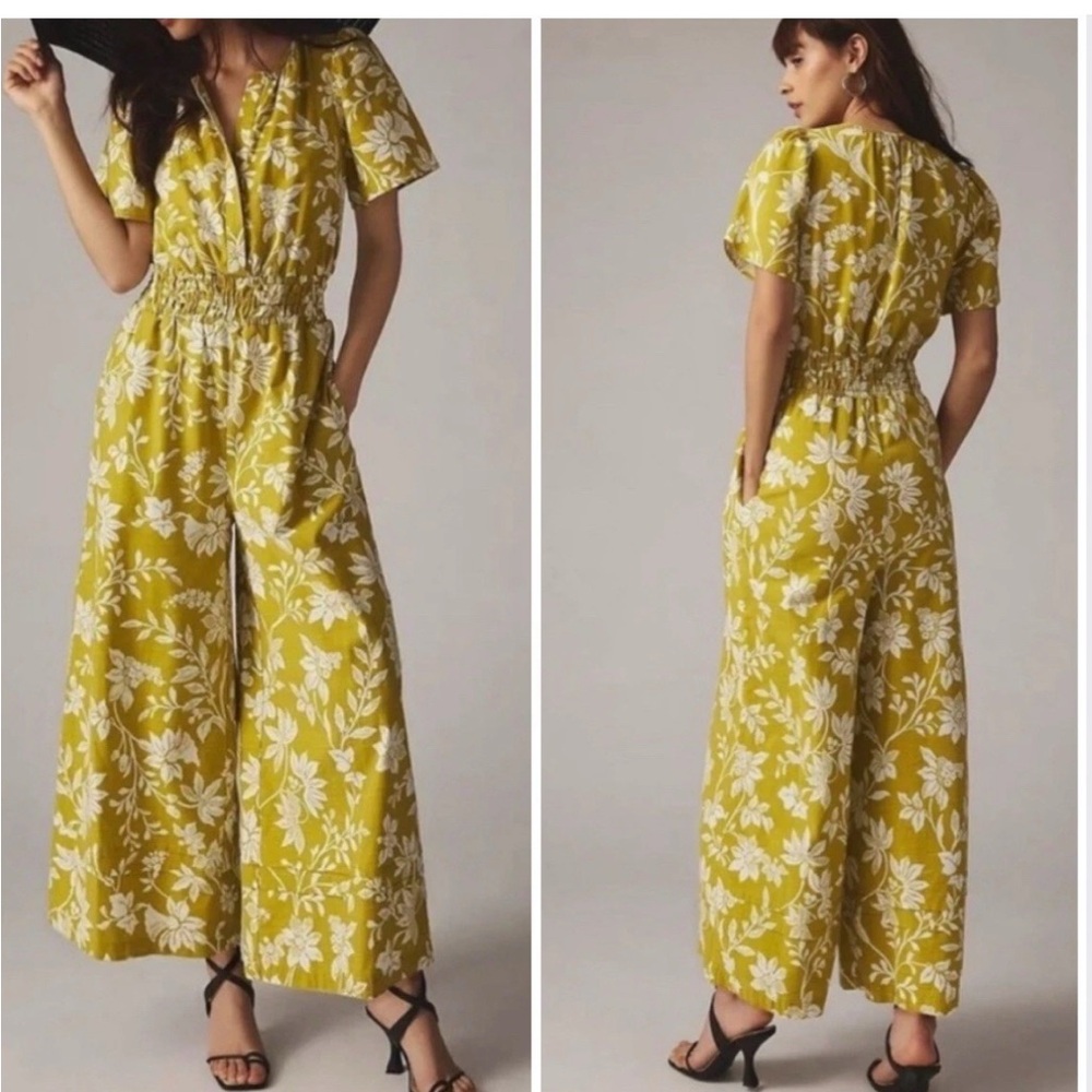 Anthropologie Yellow Floral Short-Sleeve Jumpsuit - Picture 2 of 7